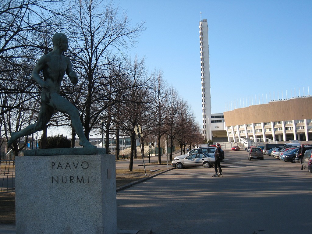 IMG_0611.JPG - Paavo Nurmi ( http://en.wikipedia.org/wiki/Paavo_Nurmi ) Monument in front the Olympic Stadium and Tower ( http://en.wikipedia.org/wiki/Helsinki_Olympic_Stadium )