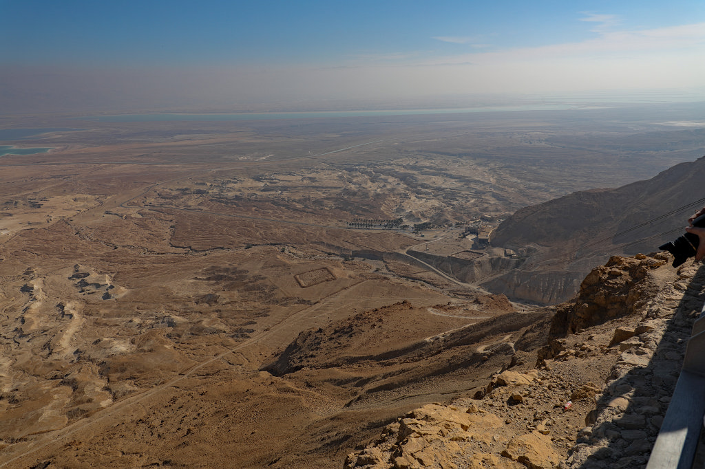 574A1391_c.jpg -  Judaean desert  and the  dead sea  seen from  Masada . The rectangular structures are excaviated Roman Empire siege camps build 2000 years ago  to conquer Masada .