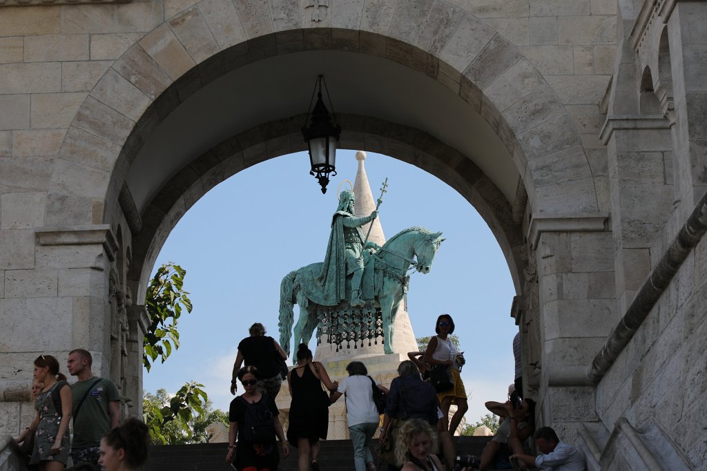 574B6889.JPG -  Fisherman's Bastion  Fisherman's Bastion with the equestrian statue of  Stephen I of Hungary  ( Fischerbastei  mit der Reiterstatue von  König Stephan I. )