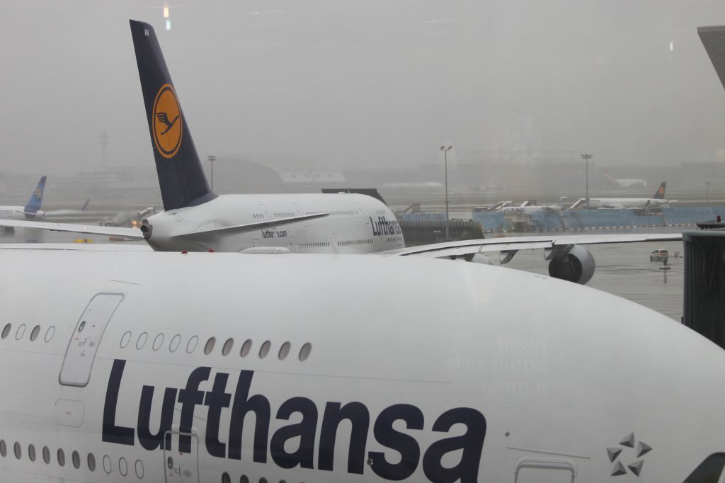 IMG_1589.JPG - Two A380 (Lufthansa "Frankfurt am Main" D-AIMA and Lufthansa "Wien" D-AIMG)  http://en.wikipedia.org/wiki/Airbus_A380 
